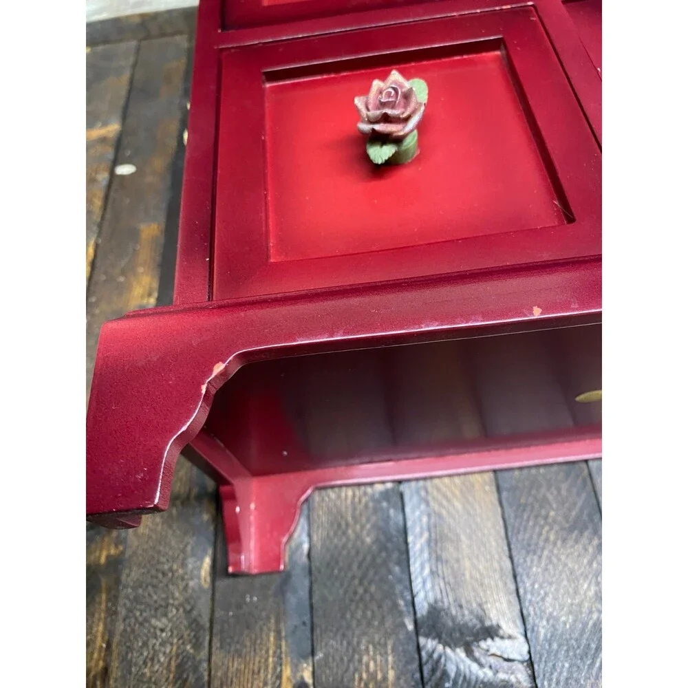 Set 2 Red Wood 4 Drawer Jewelry Chest With Resin Flowers And Trinket Photo Box